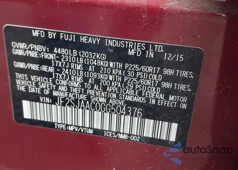 2016 Subaru Forester 2.5I z USA, uszkodzony, nr VIN JF2SJAAC0GG504376